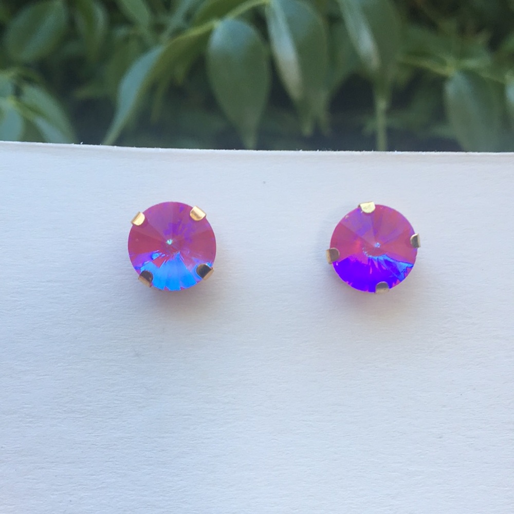 Fuchsia Hot Pink Aurora Borealis + Gold Rivoli Crystal Earrings - Picture 9 of 13